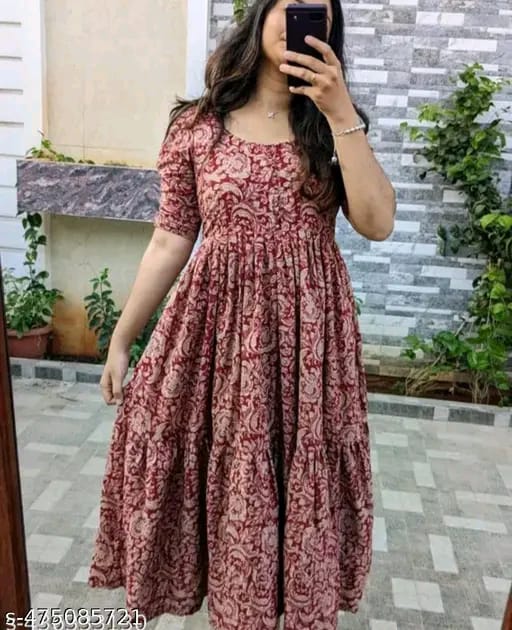 Red Floral Ethnic A-Line Cotton Midi Ethnic Dress