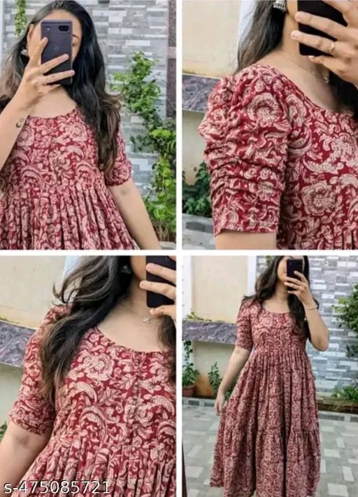 Red Floral Ethnic A-Line Cotton Midi Ethnic Dress