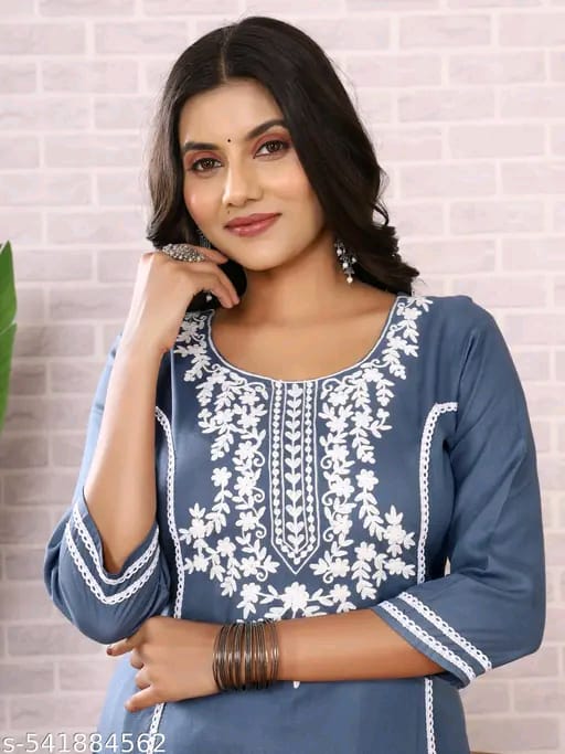 Round Neck Aari Work Grey Kurti For Women Dress