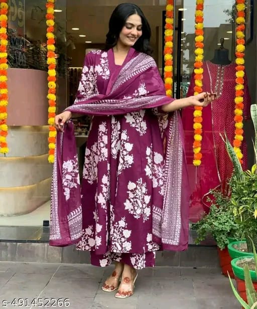 Floral Printed Mirror Work V-Neck A-Line Kurta With Palazzos And Dupatta