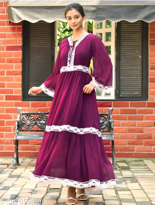 Lace Embellished Georgette Flared Maxi Dress