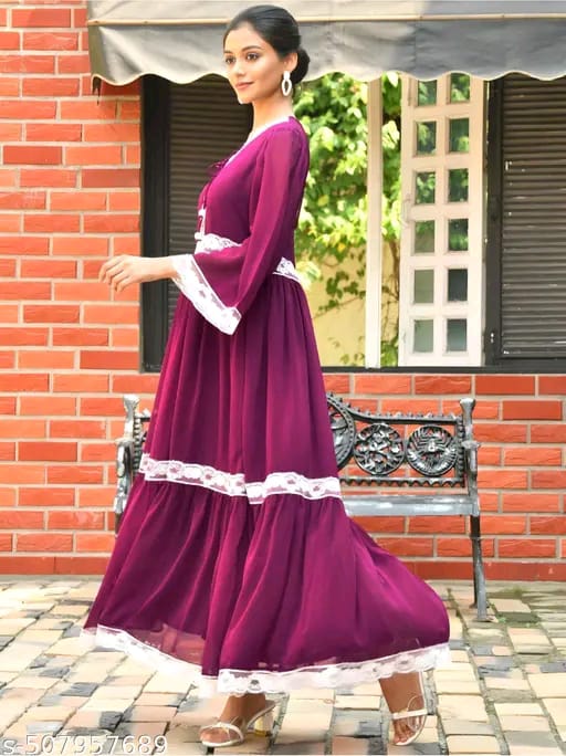 Lace Embellished Georgette Flared Maxi Dress