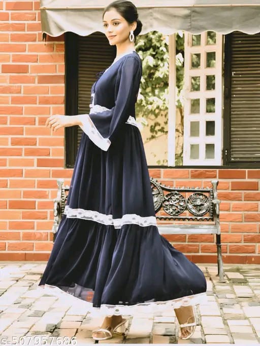 Lace Embellished Georgette Flared Maxi Dress