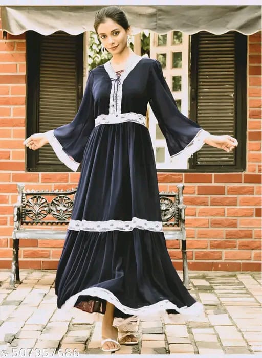 Lace Embellished Georgette Flared Maxi Dress