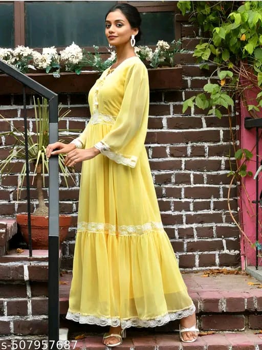 Lace Embellished Georgette Flared Maxi Dress