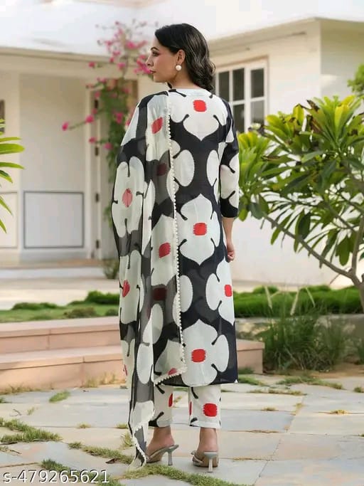 Women's Heavy cotton Floral Printed Round Neck Kurti with Pants and Dupatta Set(Black)