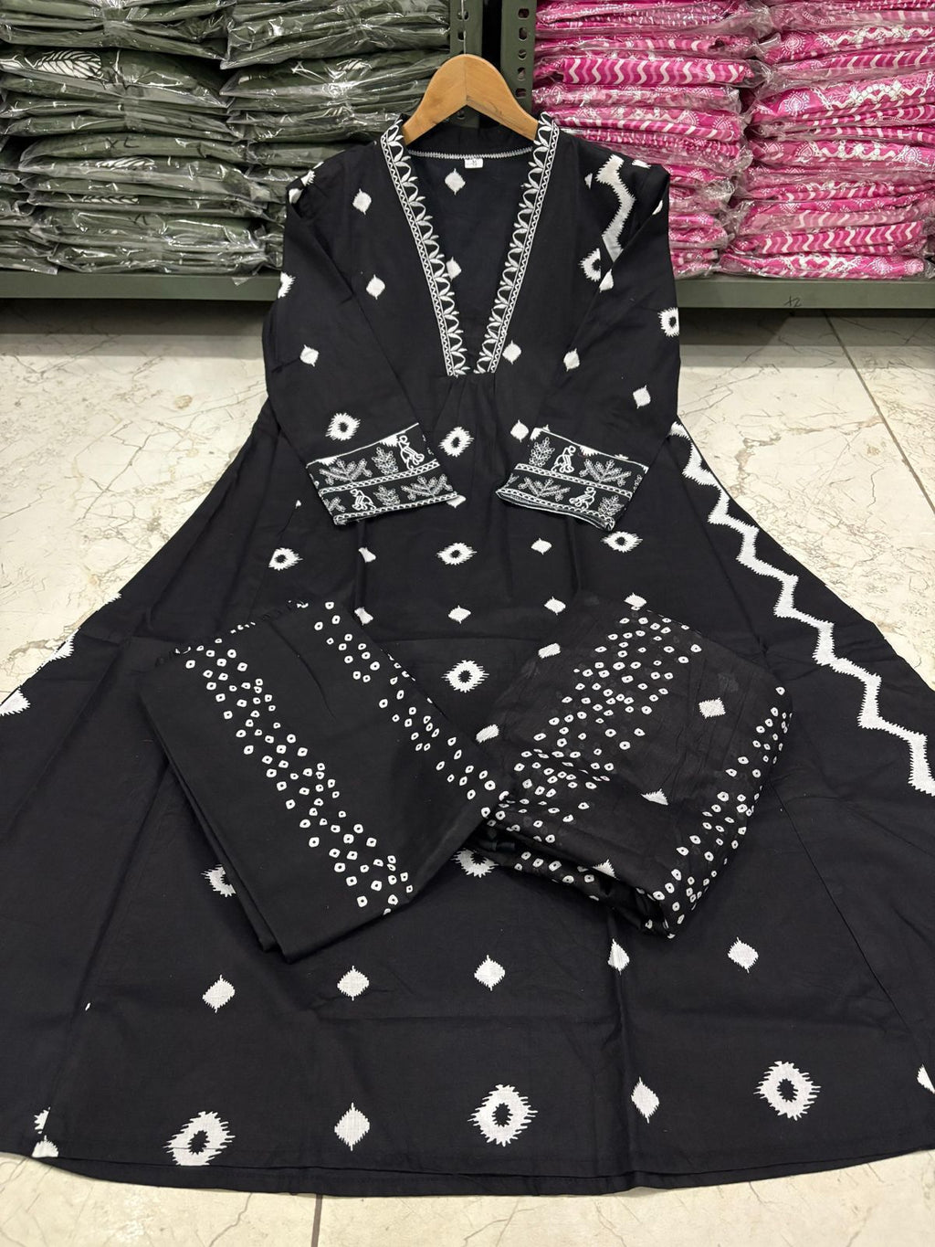 Geometric Printed Notch Neck Pleated A-Line Kurta With Trouser And Dupatta