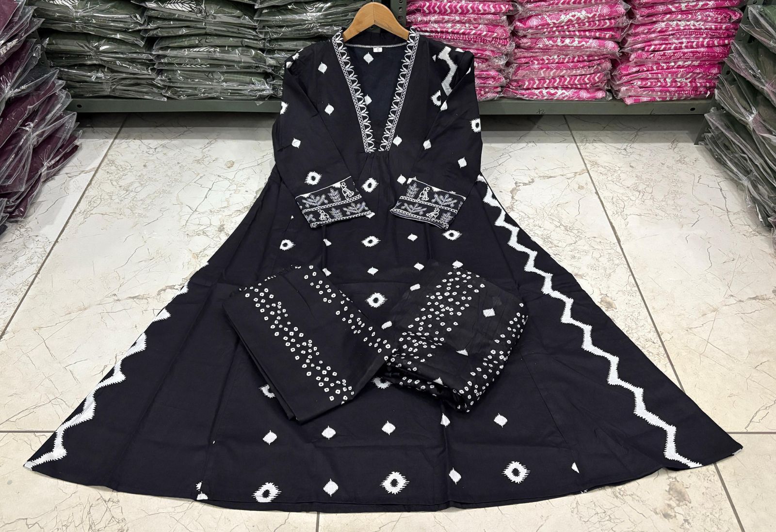 Geometric Printed Notch Neck Pleated A-Line Kurta With Trouser And Dupatta