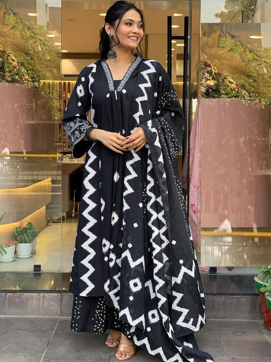 Geometric Printed Notch Neck Pleated A-Line Kurta With Trouser And Dupatta