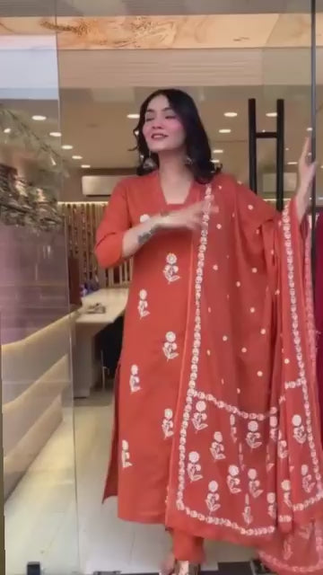 Trendy Cotton Printed Women Kurta with Pant and Dupatta