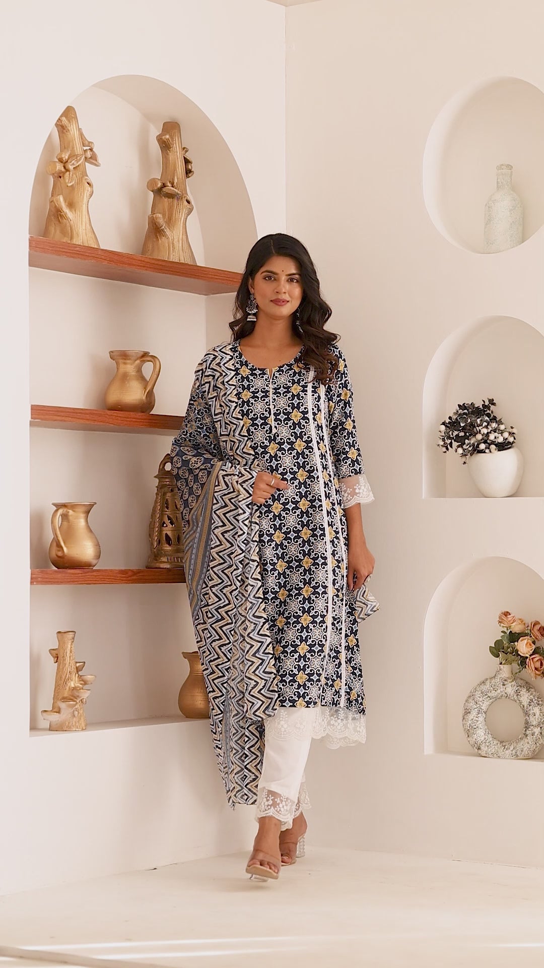 Blue Net Lace Premium cotton Printed Kurti Pant Dupatta Set