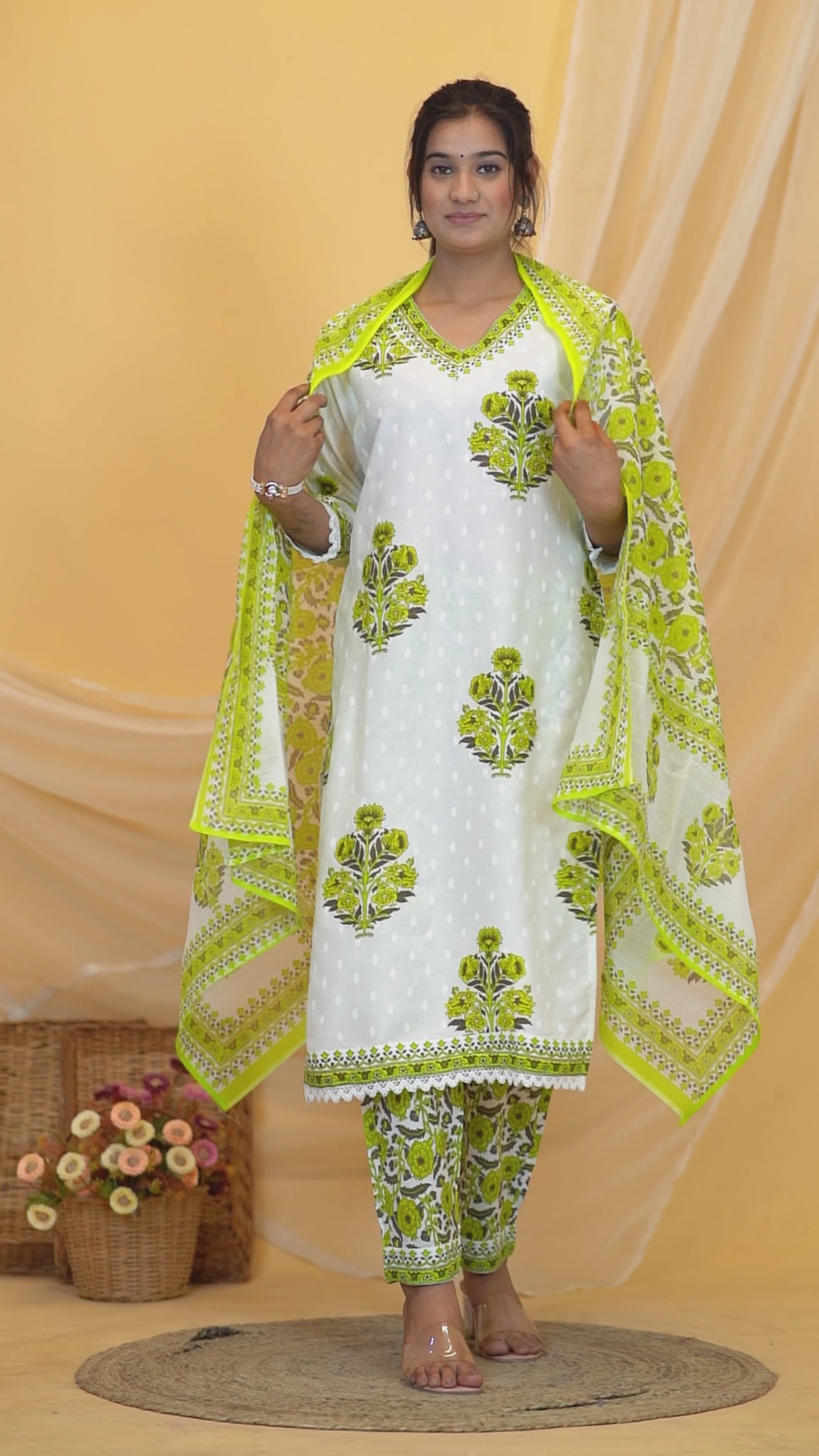 Green Flower Premium cotton Printed Kurti Pant Dupatta Set