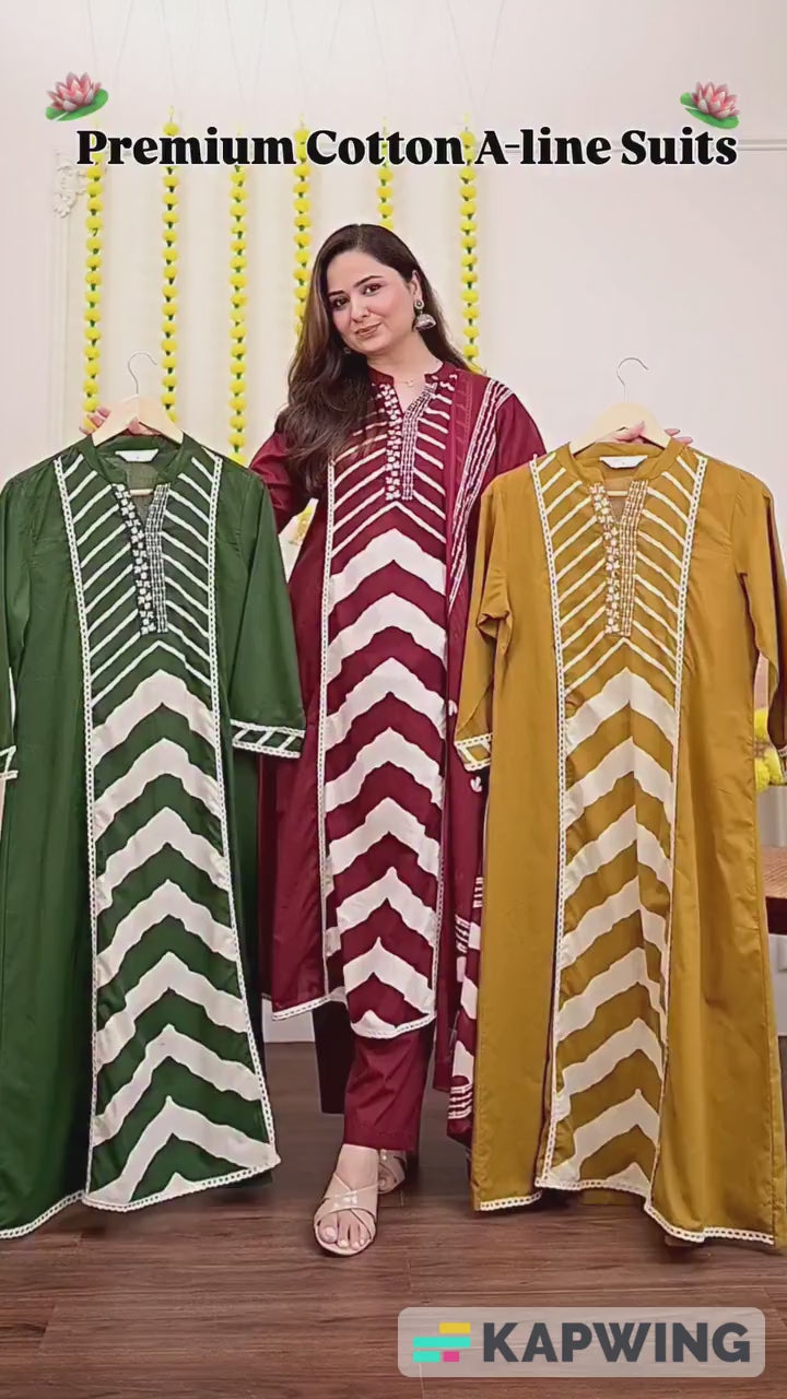 Premium Cotton A-Line Suit Set | Embroidered Elegance with Dupatta