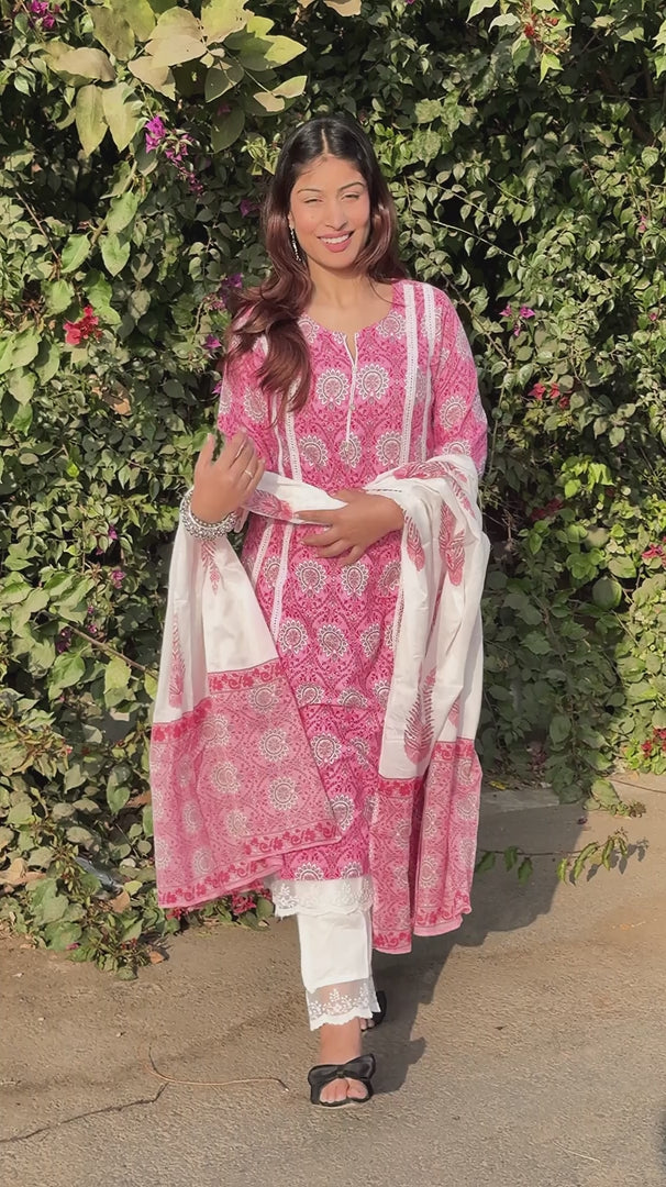 Pink Netlace Cotton 3-Piece Suit