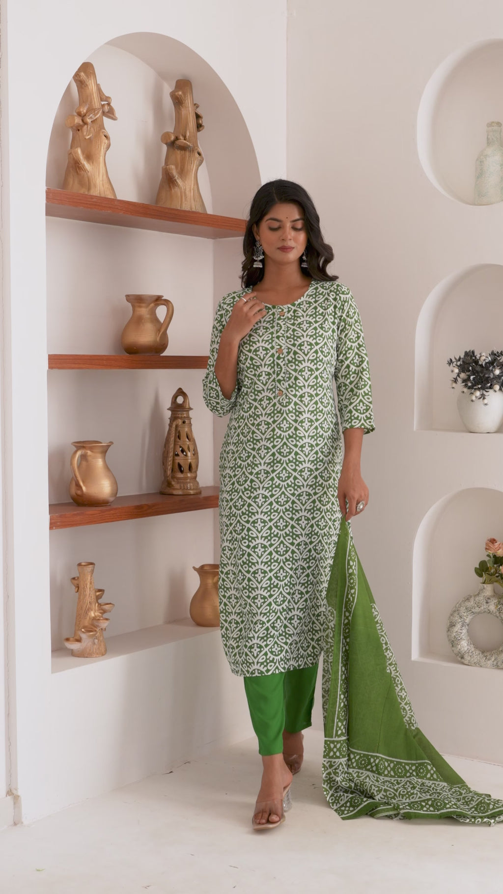 Green Tie Premium cotton Printed Kurti Pant Dupatta Set
