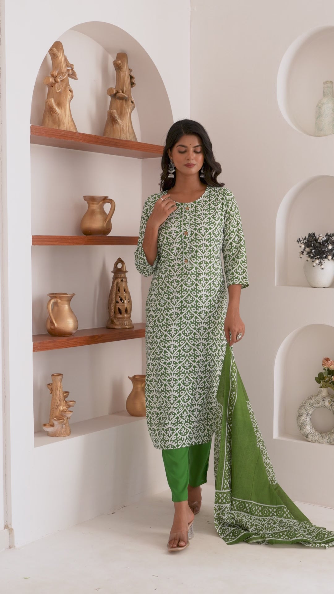 Green Tie Premium cotton Printed Kurti Pant Dupatta Set