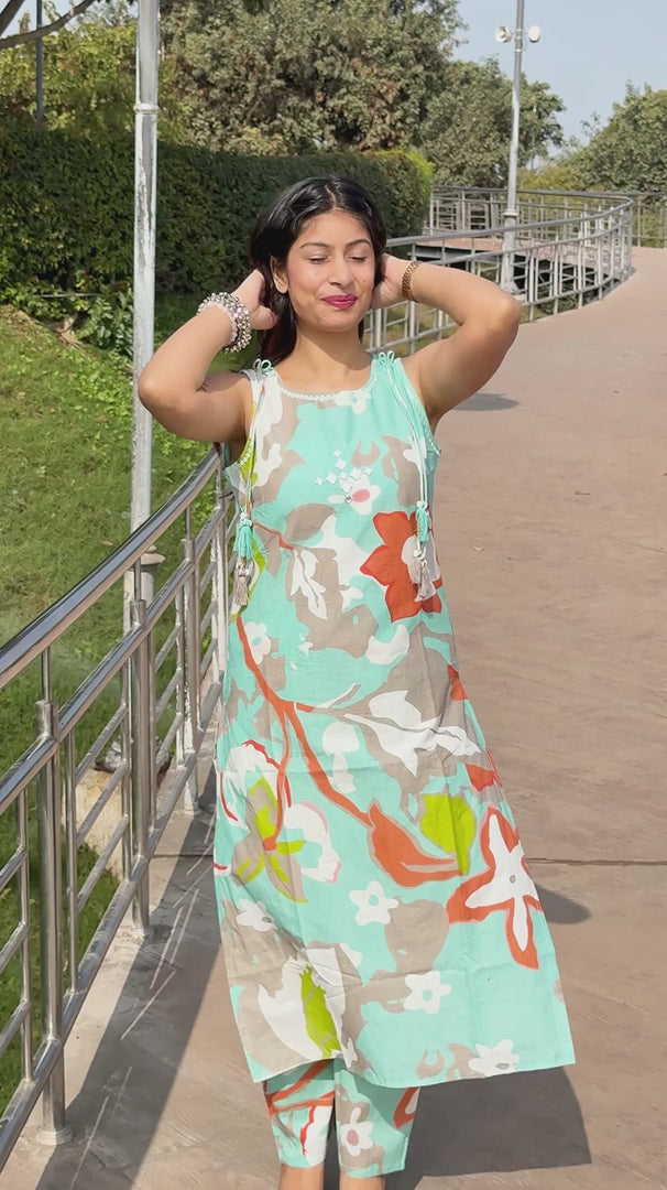 Sky Blue Sleeveless Cotton Kurti Set