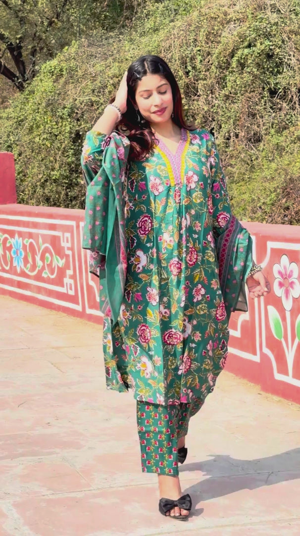 Green Floral Cotton 3-Piece Suit