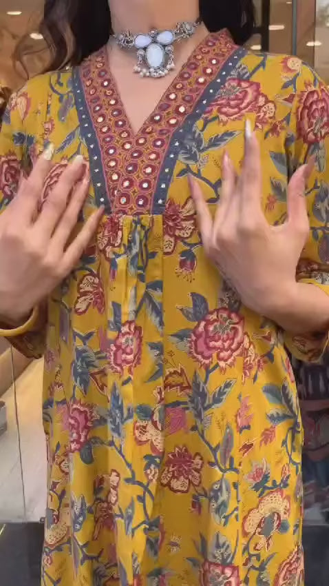 Floral Print Cotton Anarkali Suit Set with Pant