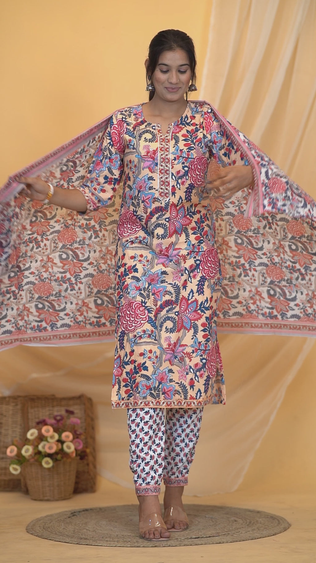 Peach Tie Premium cotton Printed Kurti Pant Dupatta Set