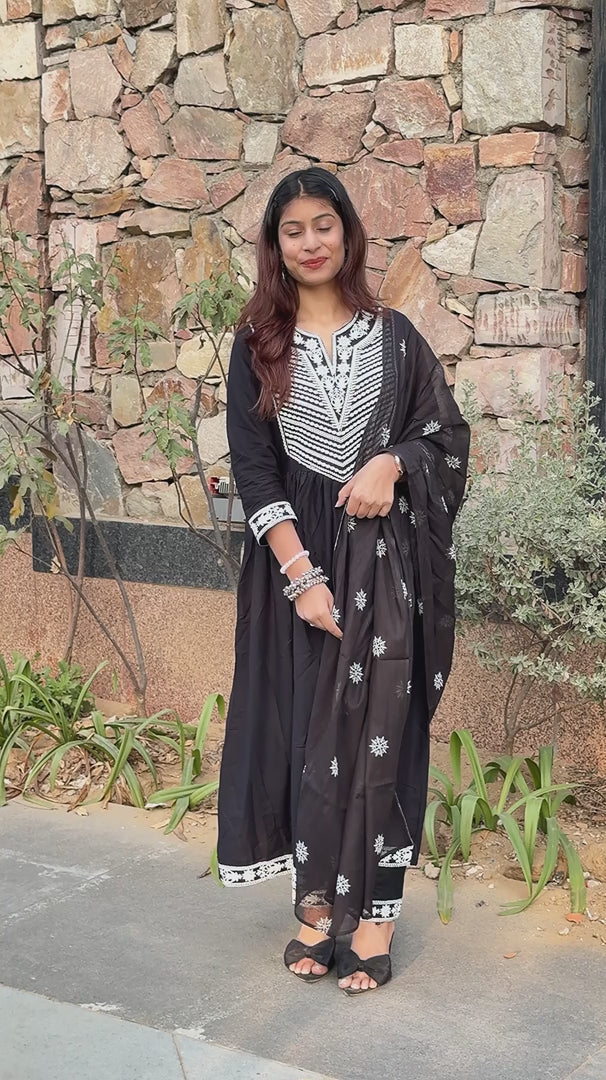 Black V-Neck Cotton 3-Piece Suit