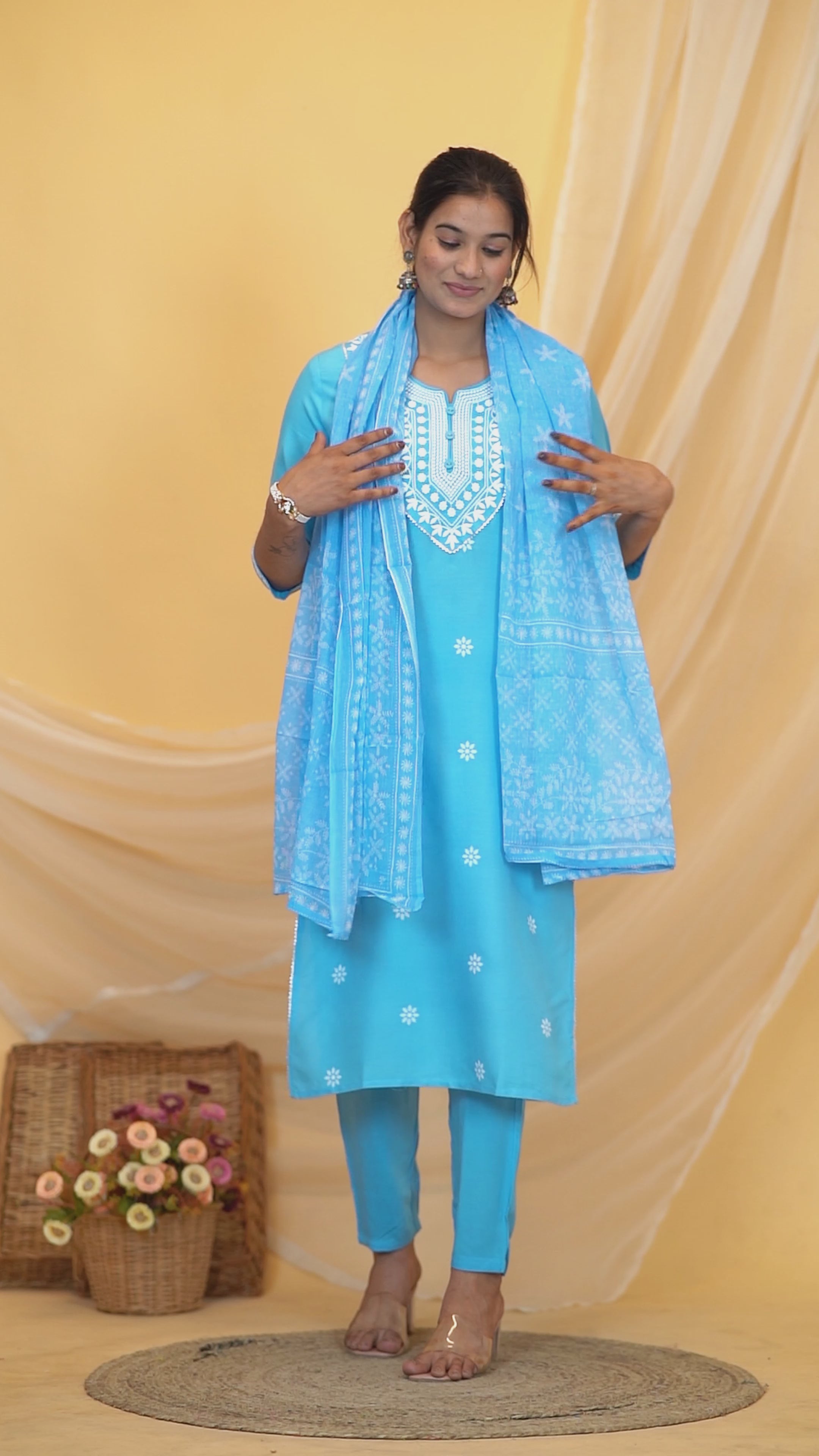 Sky Blue Embroidery Premium cotton Printed Kurti Pant Dupatta Set