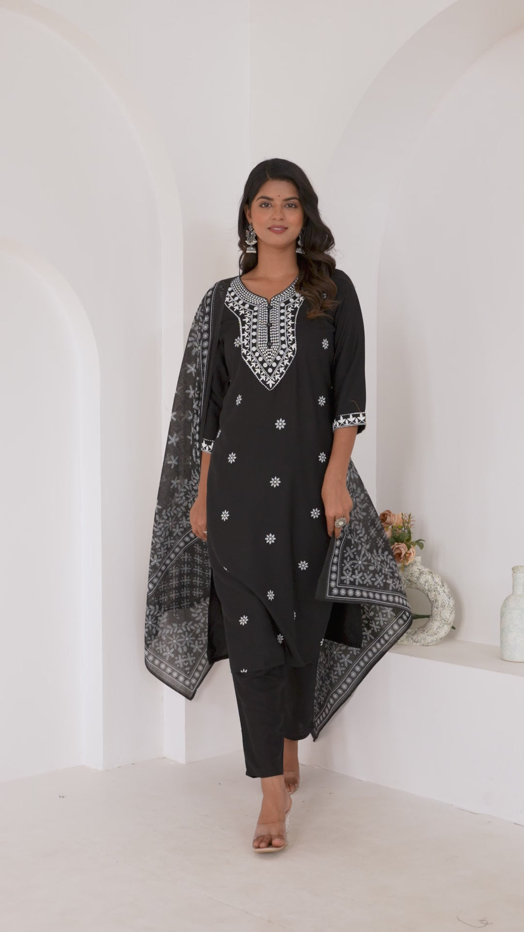 Black Embroidery Premium cotton Kurti Pant Dupatta Set