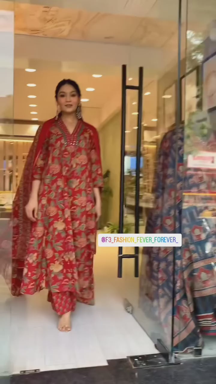 Floral Print Cotton Anarkali Suit Set with Pant