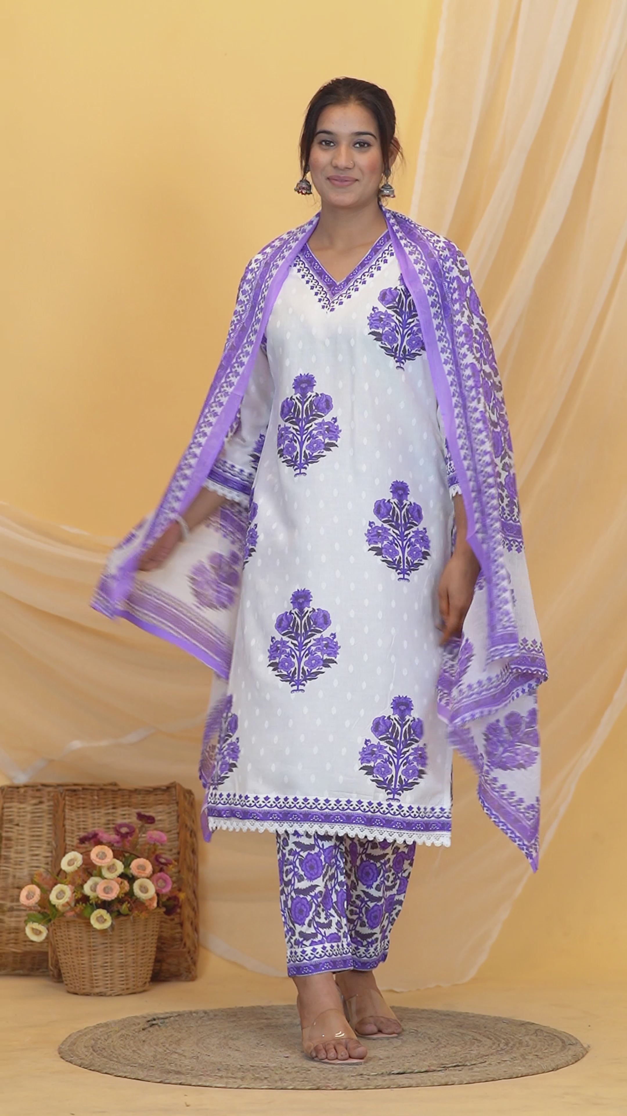 Blue Flower Premium cotton Printed Kurti Pant Dupatta Set