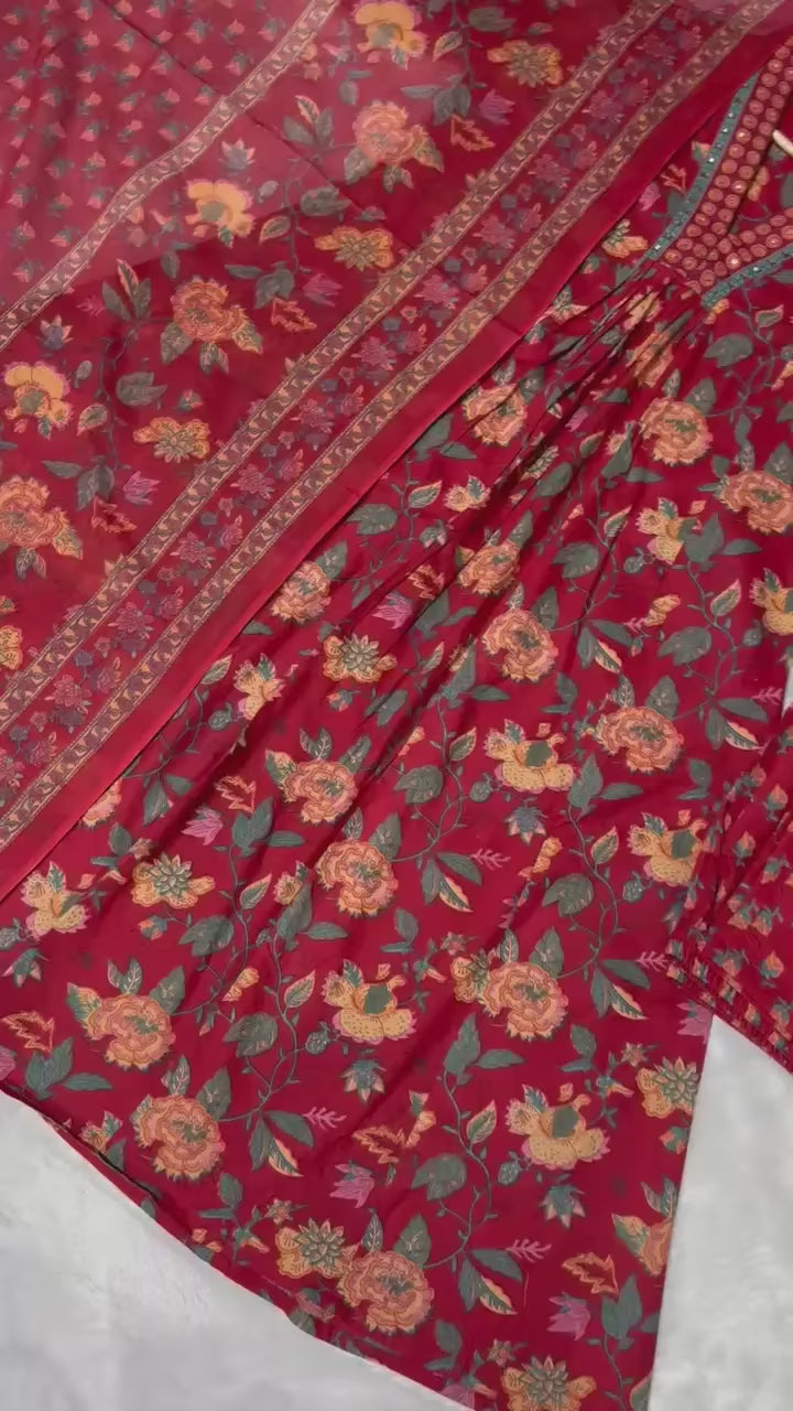 Floral Print Cotton Anarkali Suit Set with Pant