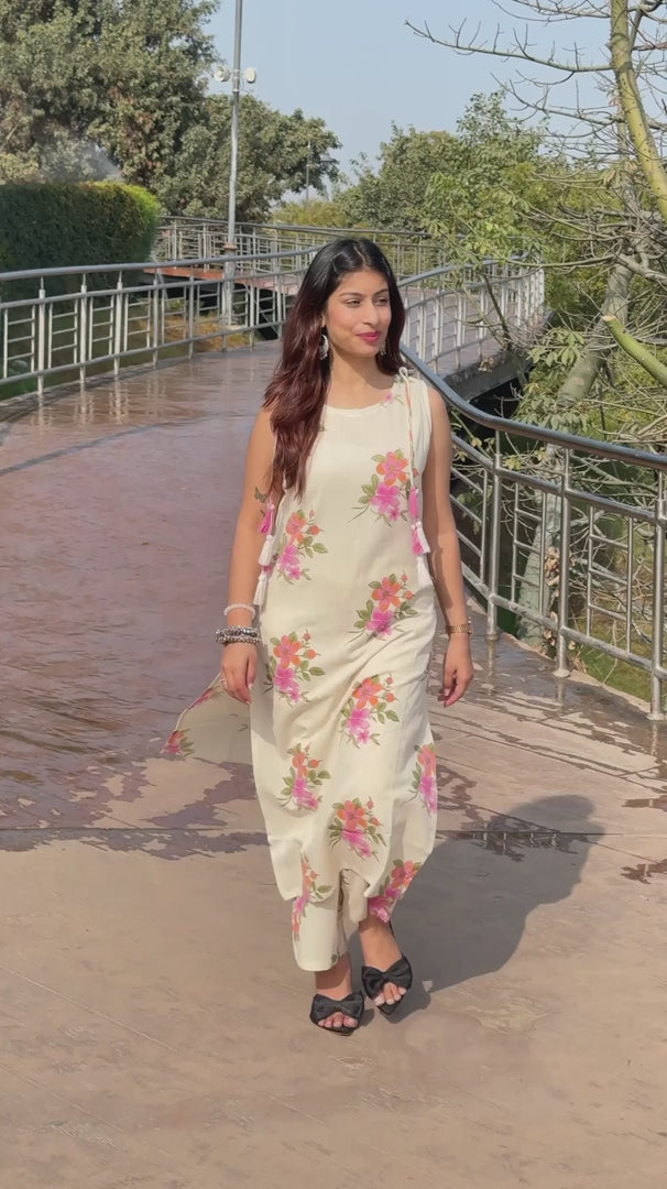 White Khadi Print Cotton Kurti Set