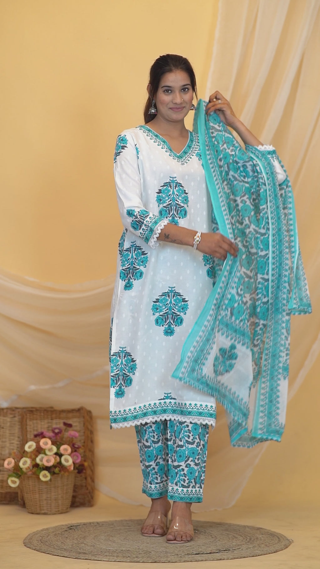 Aqua Blue Premium cotton Printed Kurti Pant Dupatta Set