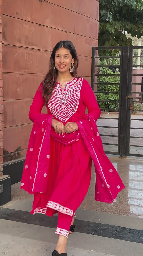 Rani Pink V-Neck Cotton 3-Piece Suit