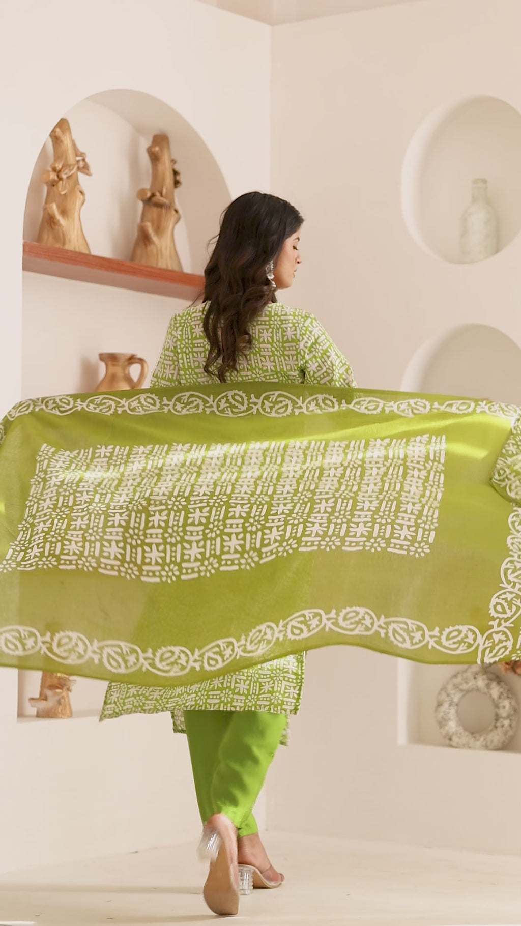 Light Green Tie Premium cotton Printed Kurti Pant Dupatta Set