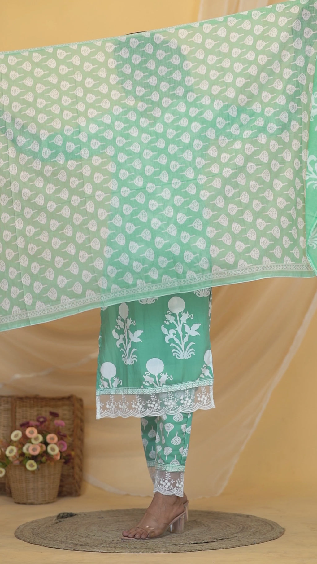Mint Green Premium cotton Printed Kurti Pant Dupatta Set