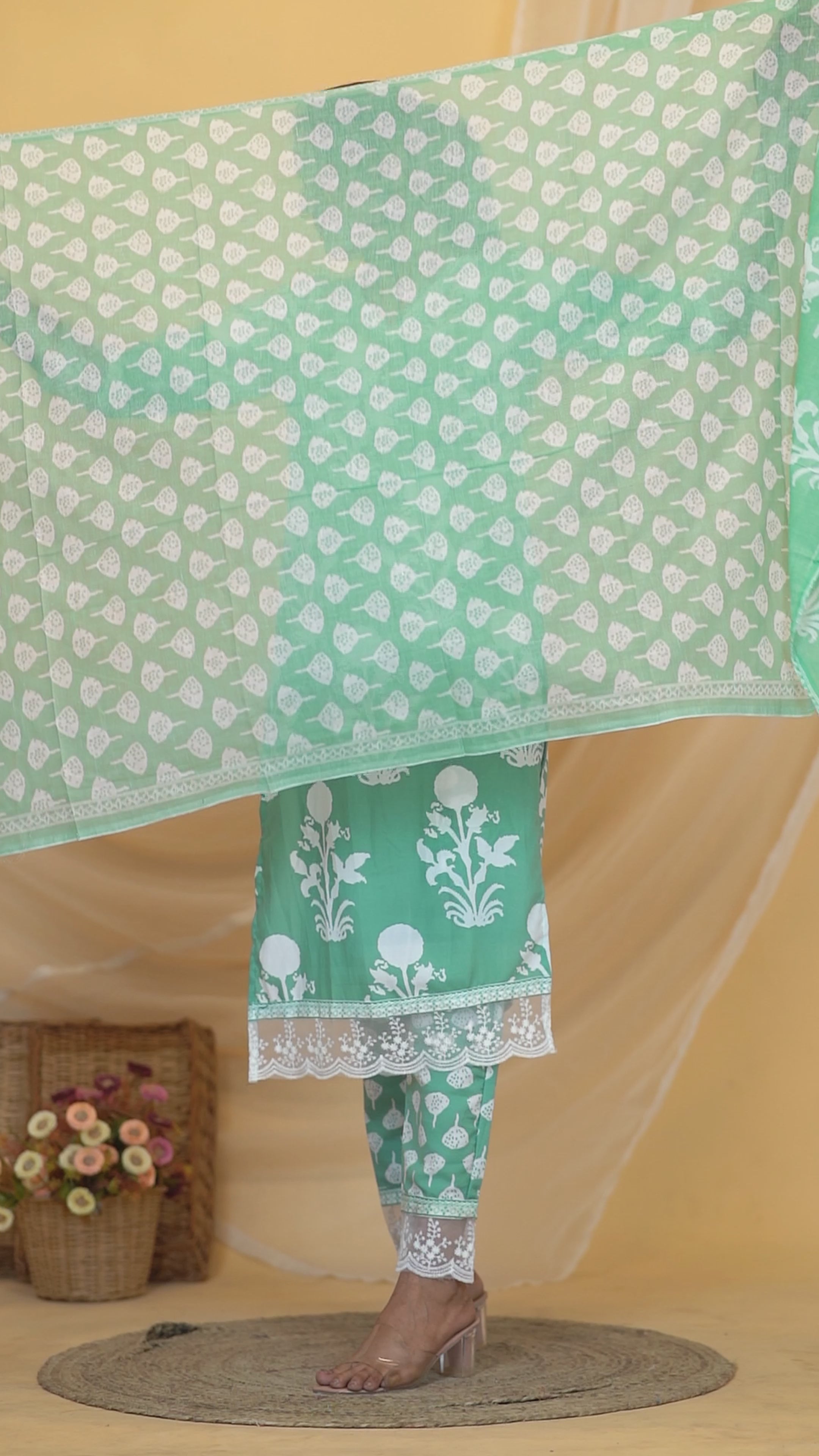 Mint Green Premium cotton Printed Kurti Pant Dupatta Set