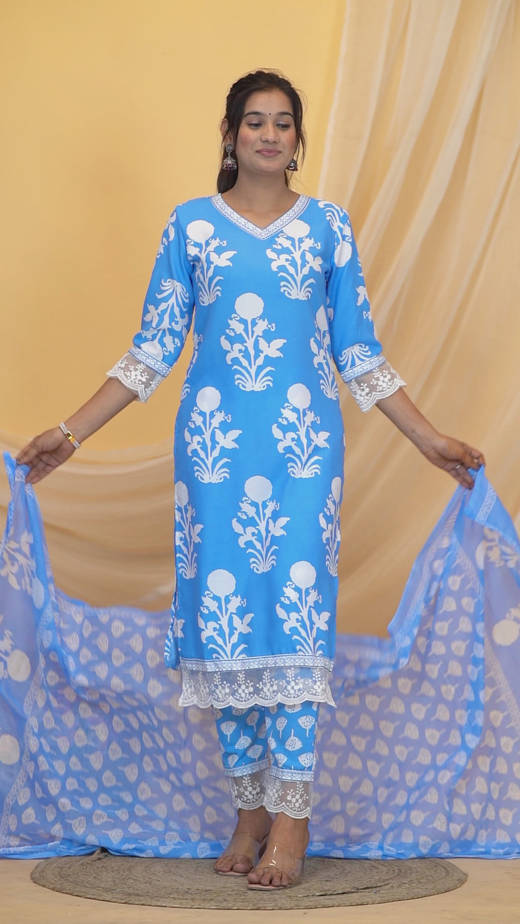 Powder Blue Premium cotton Printed Kurti Pant Dupatta Set