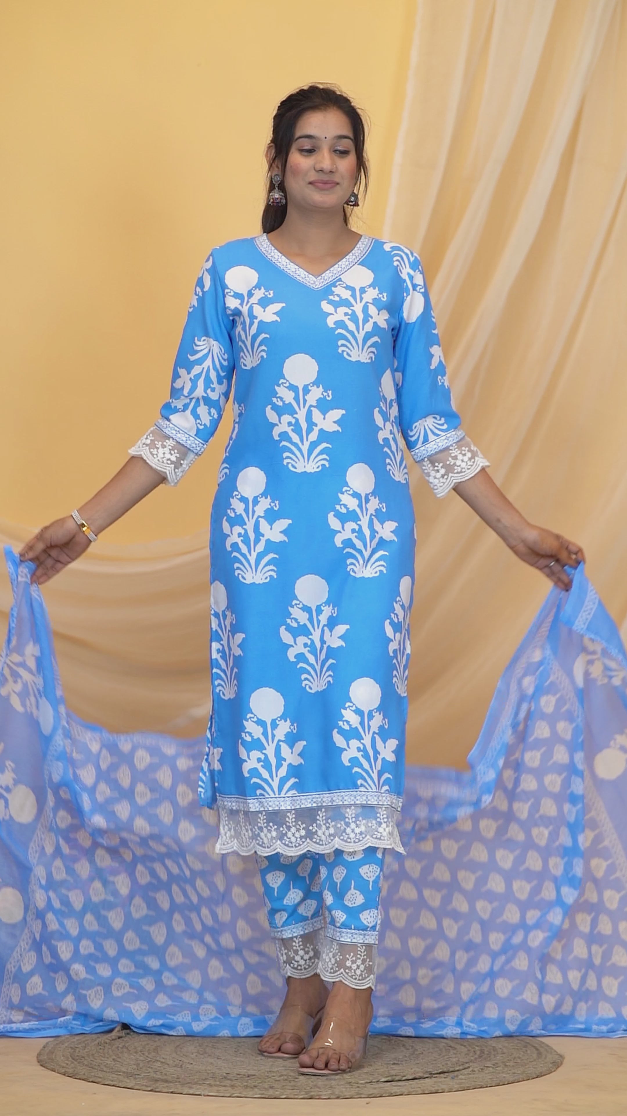 Powder Blue Premium cotton Printed Kurti Pant Dupatta Set