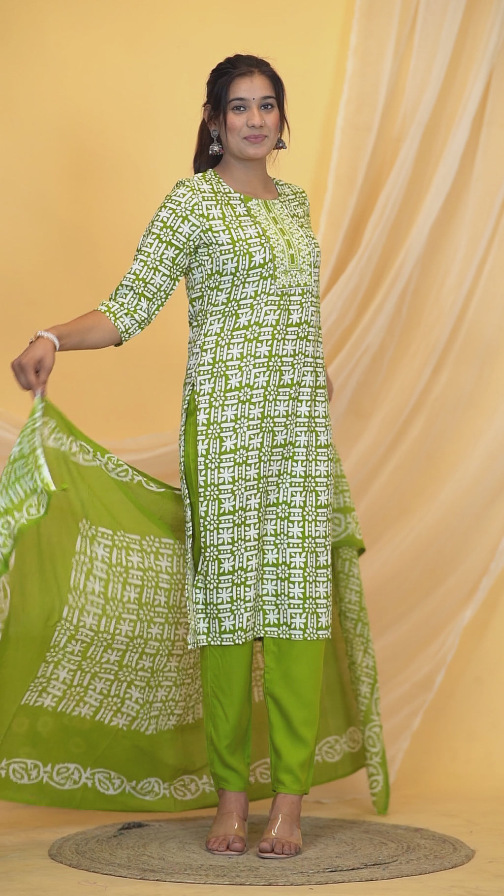 Green Embroidery Premium cotton Printed Kurti Pant Dupatta Set