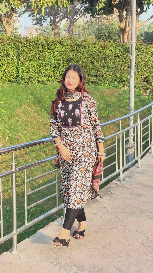 Black Floral Cotton 3-Piece Suit