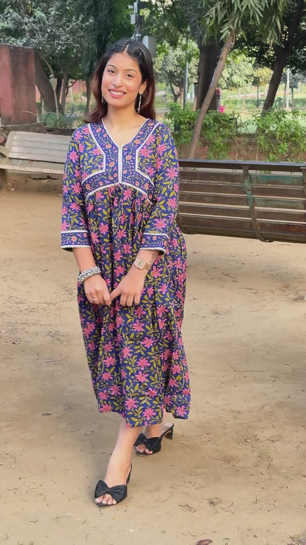 Blue Alia Cut Cotton Anarkali Set