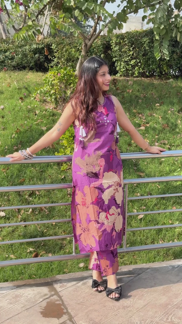 Purple Sleeveless Cotton Kurti Set
