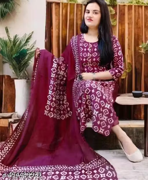 TRANDING KALAMKARI KURTI PANT & DUPATTA SET