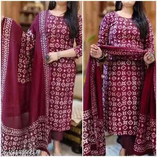 TRANDING KALAMKARI KURTI PANT & DUPATTA SET